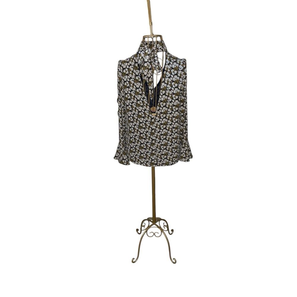 Anthropologie Flutter Dance Marvel Long Sleeves S Floral V Back V Neck, Tie Neck